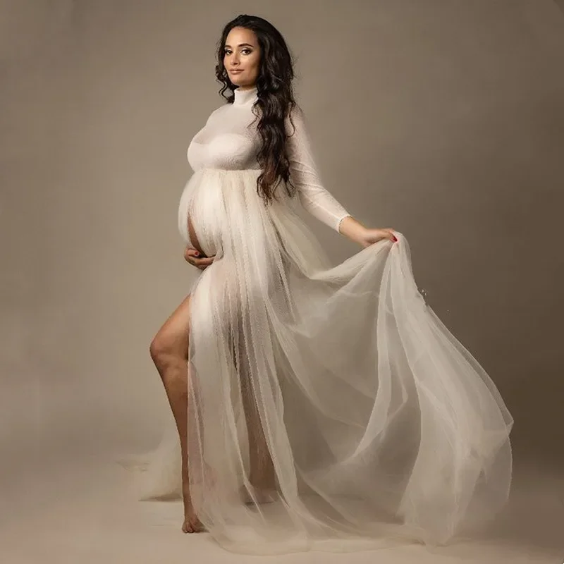 Sexy Women Maternity Baby Shower Mesh Dresses Long Sleeve Pregnant Turtleneck Maxi Dress For Photoshoot Premama See Through Gown