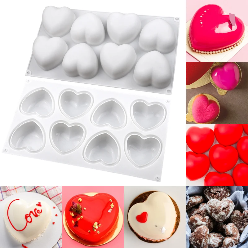 Molde de pastel de Mousse con forma de corazón de 8 agujeros, molde de silicona para postre francés, herramientas para hornear gelatina de Chocolate para el Día de San Valentín, herramienta de decoración de pasteles