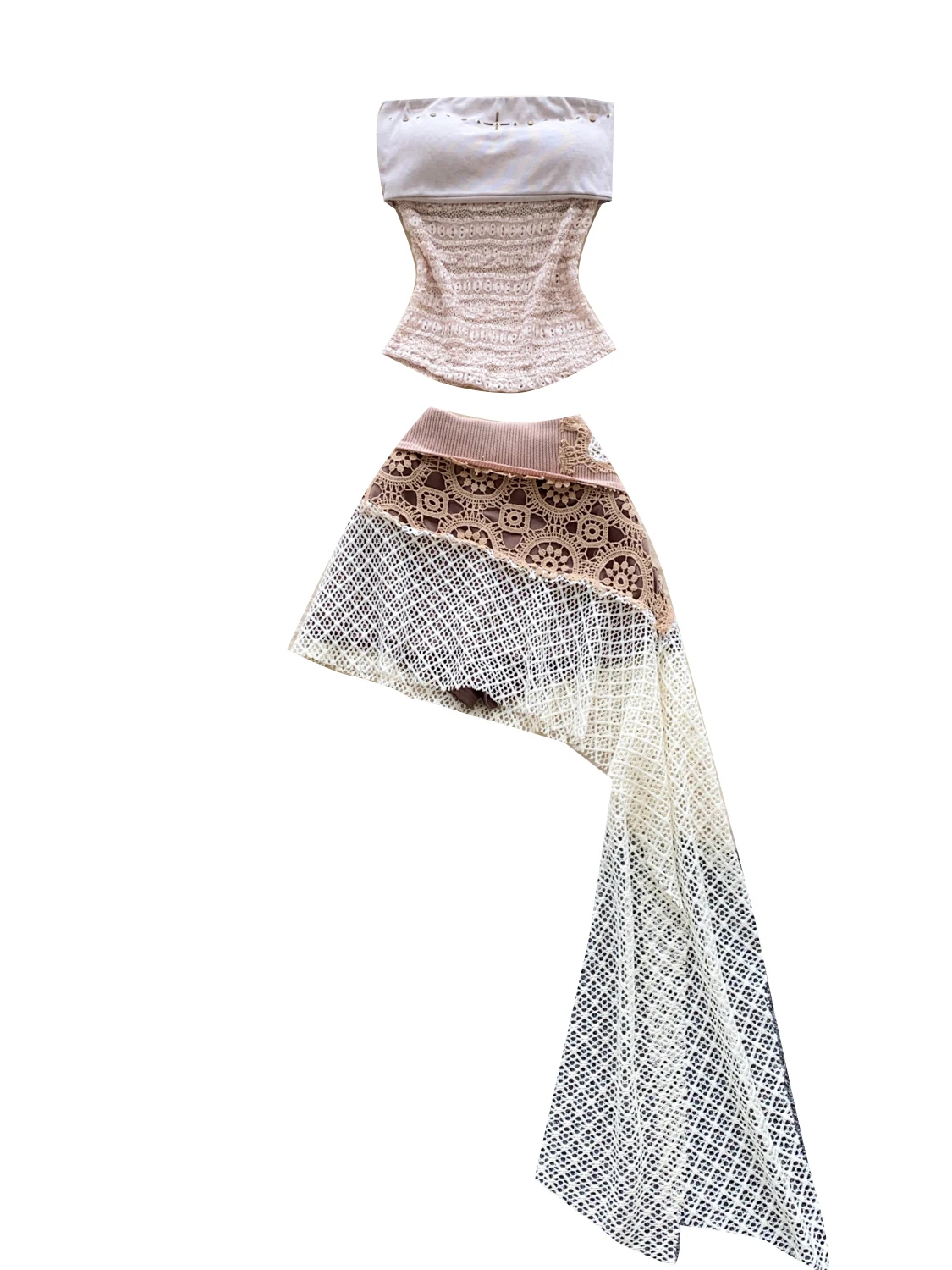 طقم نسائي صيفي بأسلوب بوهيمي، توب بدون حمالات وتنورة قصيرة عالية الخصر مع تطعيمات شبكية غير منتظمة، مضاد للكشف عن الملابس الد... #4