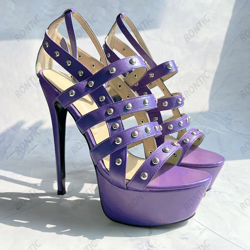 

Rontic Handmade Women Summer Platform Sandals Hollow Out Stiletto Heels Round Toe Beautiful White Blue Dress Shoes US Size 5-20