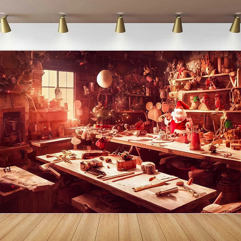 

Santa Claus Workshop Photography Backdrop Magic Santa's Cabin Workplace Vintage Wooden Cottage Xmas Gifts Christmas Background