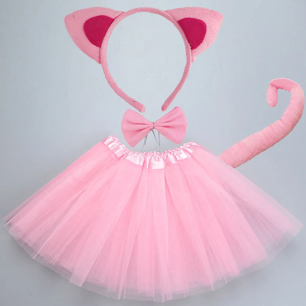 Adult Kids Party Black White Pink Cat Ear Headband Tail Tie Skirt Tutu Animal   Plush  Halloween Costume Cosplay