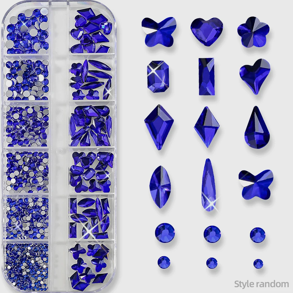 12グリッド赤青緑クリスタルラインストーンネイルチャームフラットバックダイヤモンドガラスストーンジェム、ピックアップペンピンセット付きマニキュアデコレーション