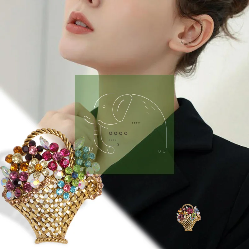 Fashion Crystal Flower Basket Brooches Pin For Women Clothing Coat Jewelry Accessories Gifts