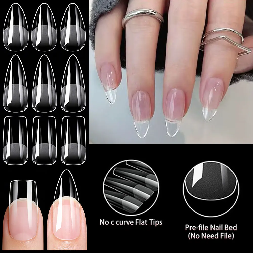 100Pcs/Box Clear Soft Gel Press on Nails Full Cover Almond & Square & Coffin Shape Acrylic False Nails Nail Extension No C Curve