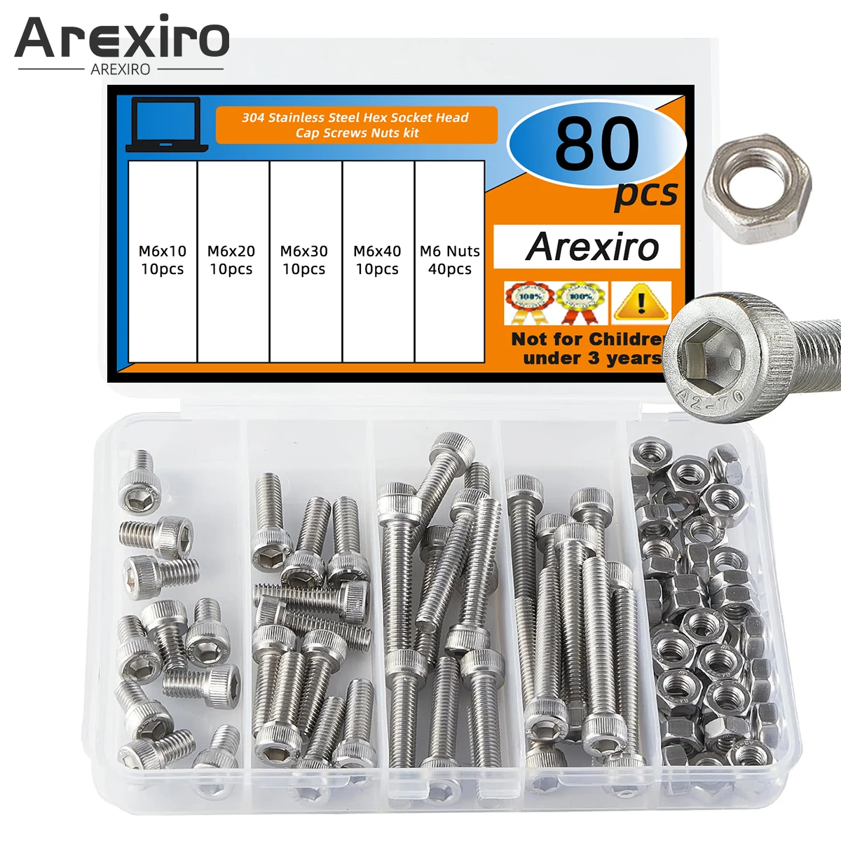 

80Pcs M6x10/20/30/40mm Hexagon Socket Head Screws Bolts and Nuts 304 Stainless Steel Metric Hexagon Socket Combination Kit