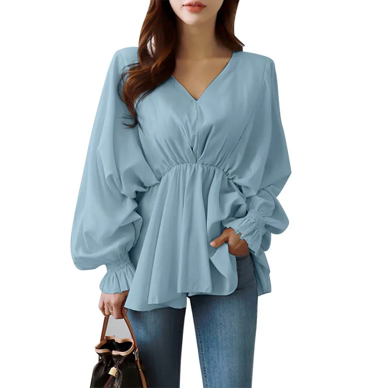 

Women High Waist OL Blouses Fashion Puff Sleeve Shirts ZANZEA 2023 Casual V Neck Ruffle Blusas Female Solid Tunic