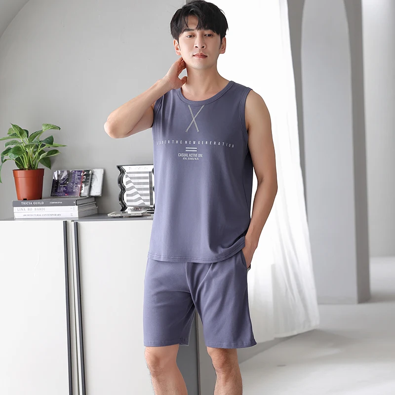 New Knited Cotton Men Pajama Set Summer Sleeveless Sleepwear Big Size M-4XL Leisure Suits Nightwear Men Pijamas