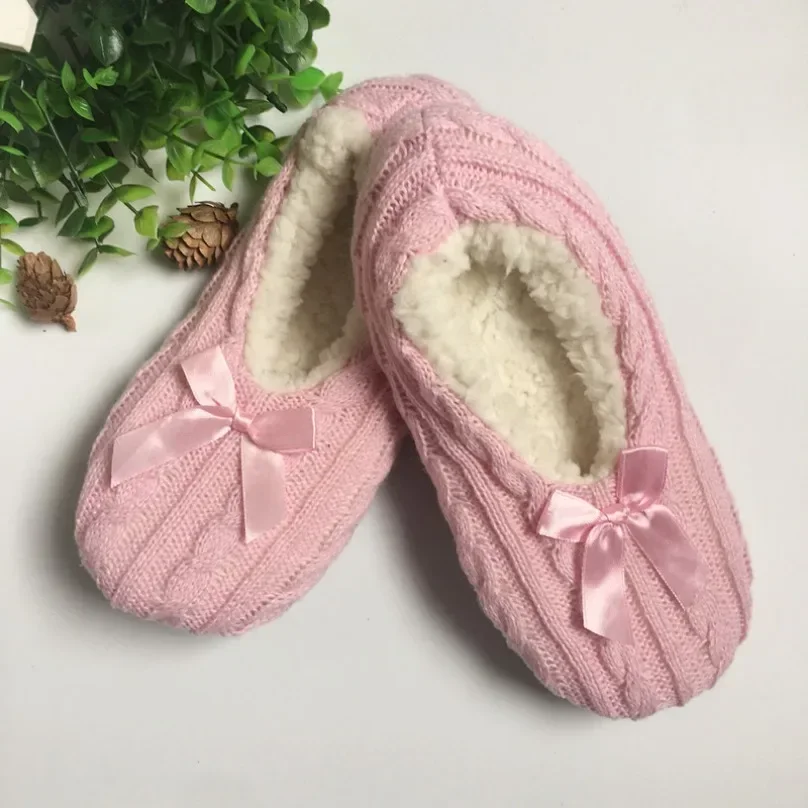 Fluffy Female House Slipper Womens Winter Home Room Plush Warm Thick Faux Fur Non Slip Bow Knot Grip Funny Indoor Floor Shoes