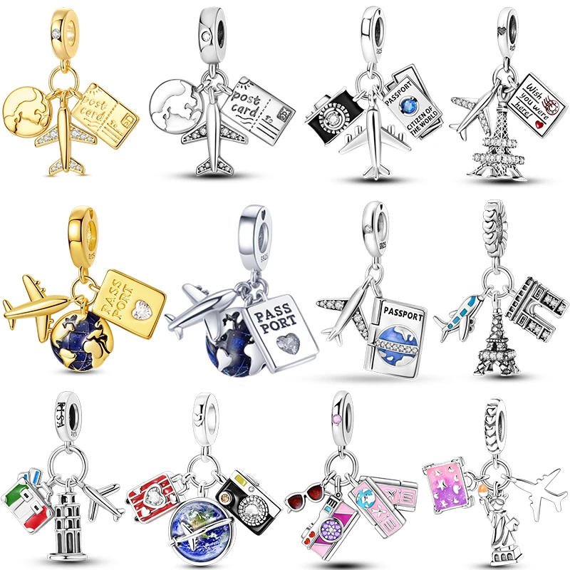 925 Sterling Silver Travel Airplane Camera Charms 2025 Suitcase Love Bead Fit Bangle Bracelet Jewelry for Lovers of Travel Life