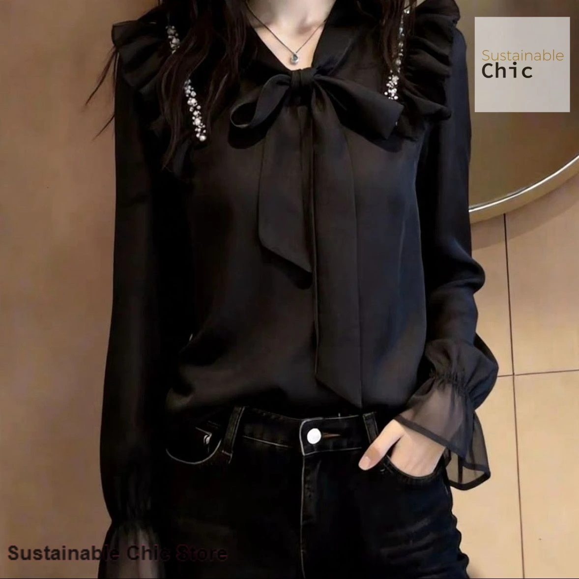 

Korean BlackBowKnot ruffled top women's spring and summer new temperament design slim temperament long sleeve bottoming shirt