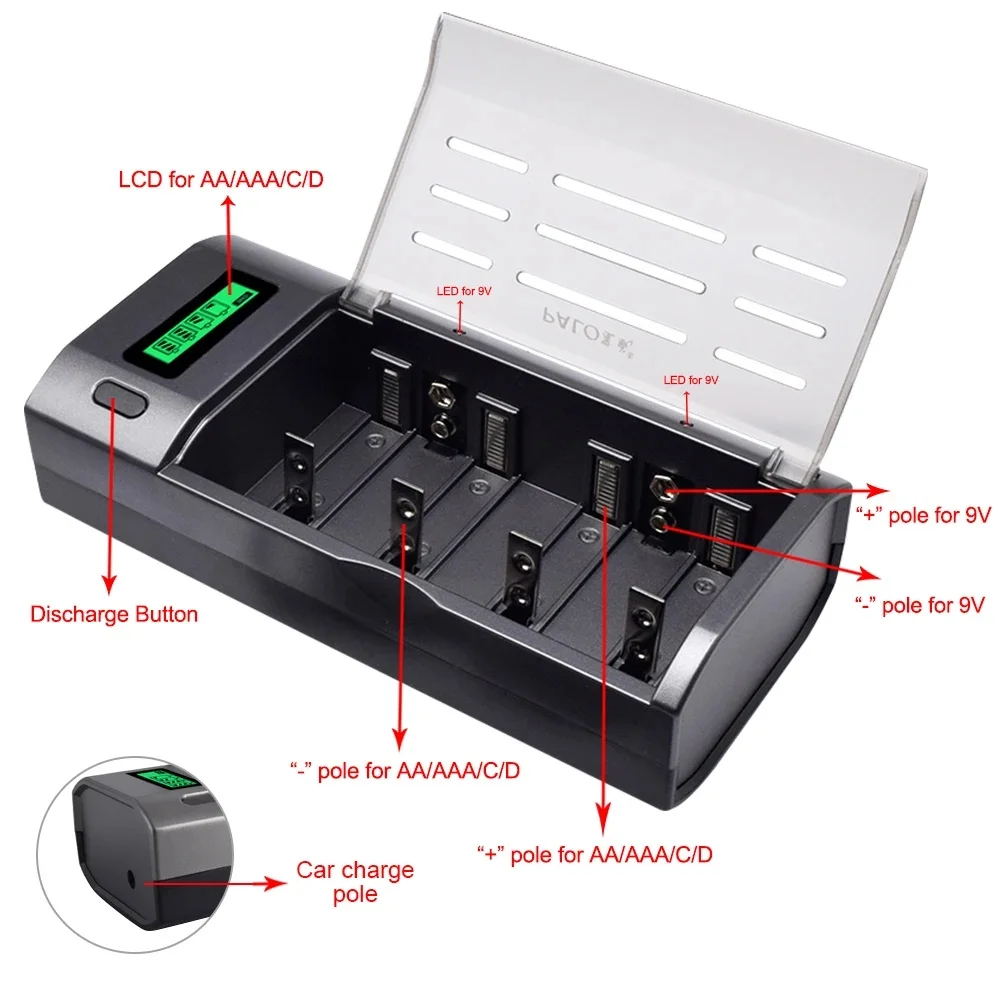 PALO 4 Slot LCD Display Smart Charger for 1.2V AA/AAA Ni-MH/Ni-Cd or C/D Size LR20 NiMH/Ni-Cd 9V Rechargeable Batteries