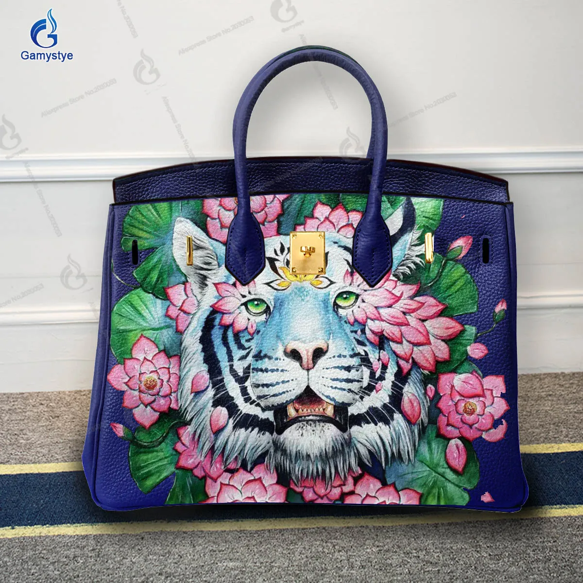 

Personalizar bolso Art Hand Painted Flowers and tigers Bag For women Handbags Designer Shoulder Bag Genuine Leather Big Capacity