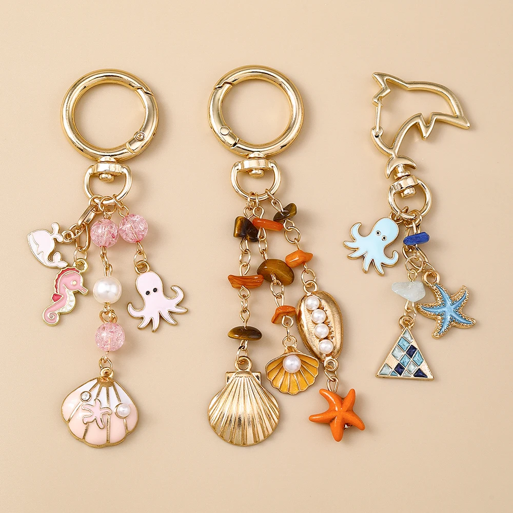 Nuevo llavero de estrella de mar de pulpo de concha de playa de verano, colgantes de llavero de vida marina para mujeres y niñas, decoración de bolso, regalos de joyería DIY