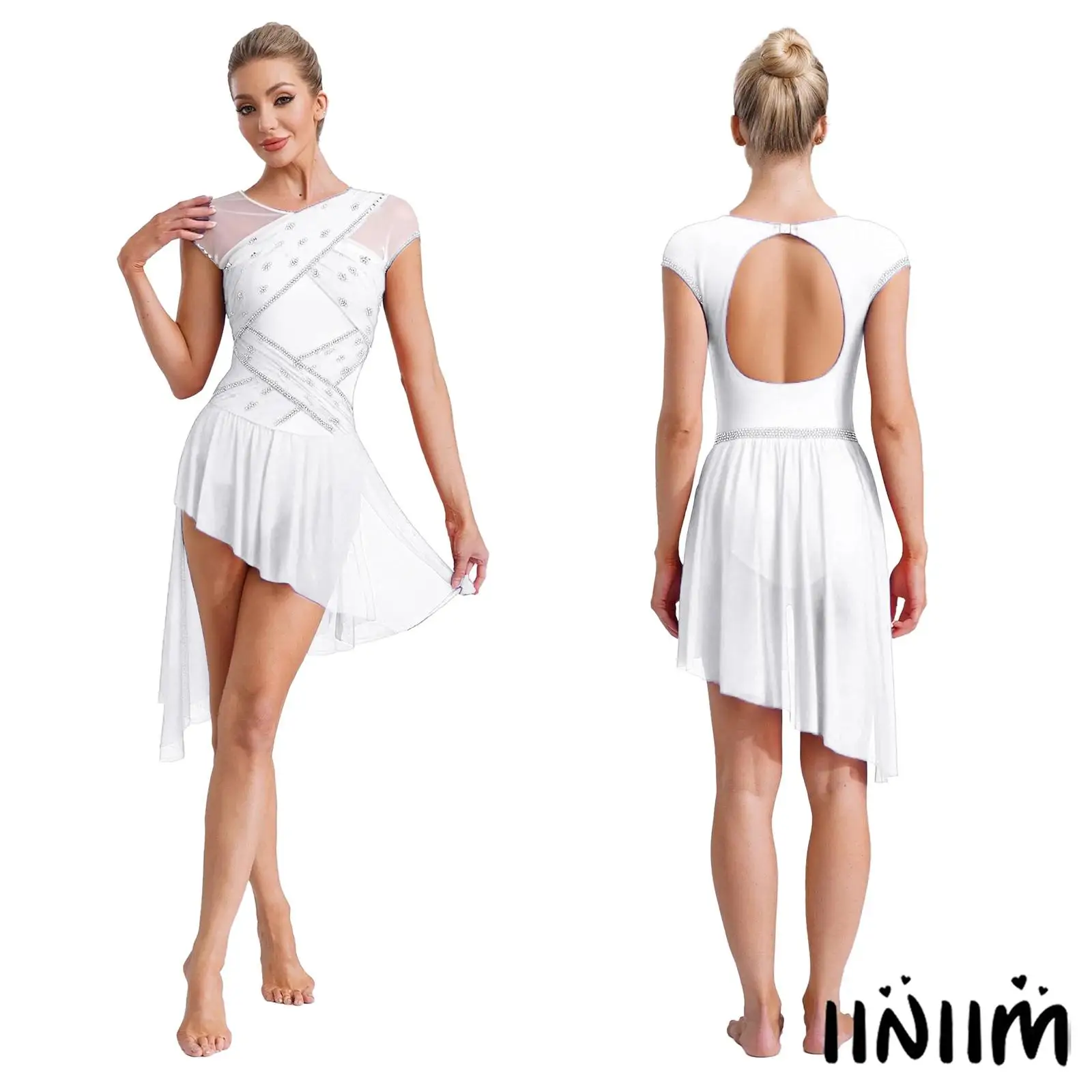 レディース体操フィギュアスケートパフォーマンス衣装ラインストーン不規則な裾ボディスーツドレスエレガントなジャズラテンドレスダンスウェア