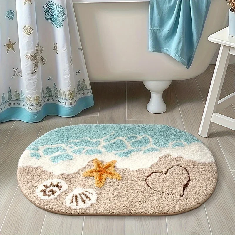 VIKAMA Oval Beach Starfish Shell Bath Mat Non‑slip Soft Plush Ocean Style Floor Rug For Bathroom Home Decor