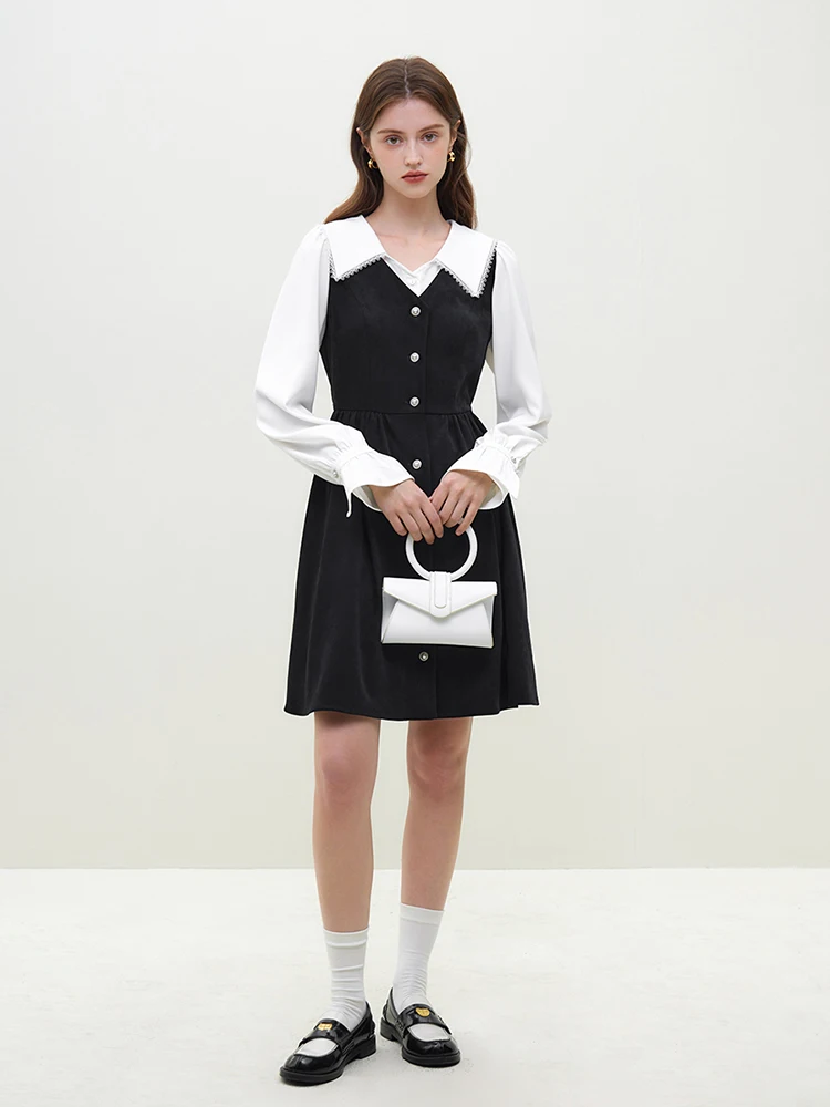 FSLE Turn-down Collar Women Black White Patchwork Design Knee-Length Dresses Puff Sleeve Sweet Female A-LINE Dress