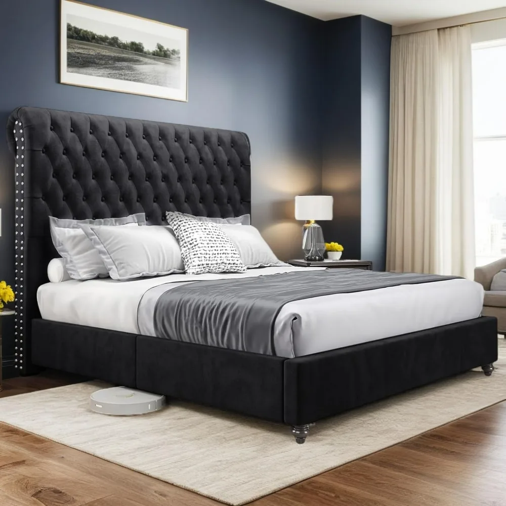 Bed Frame Bedroom Furniture, Velvet Tall Headboard Bed Frame with Button Tufted Sleigh Headboard, No Box Spring Needed, Bed