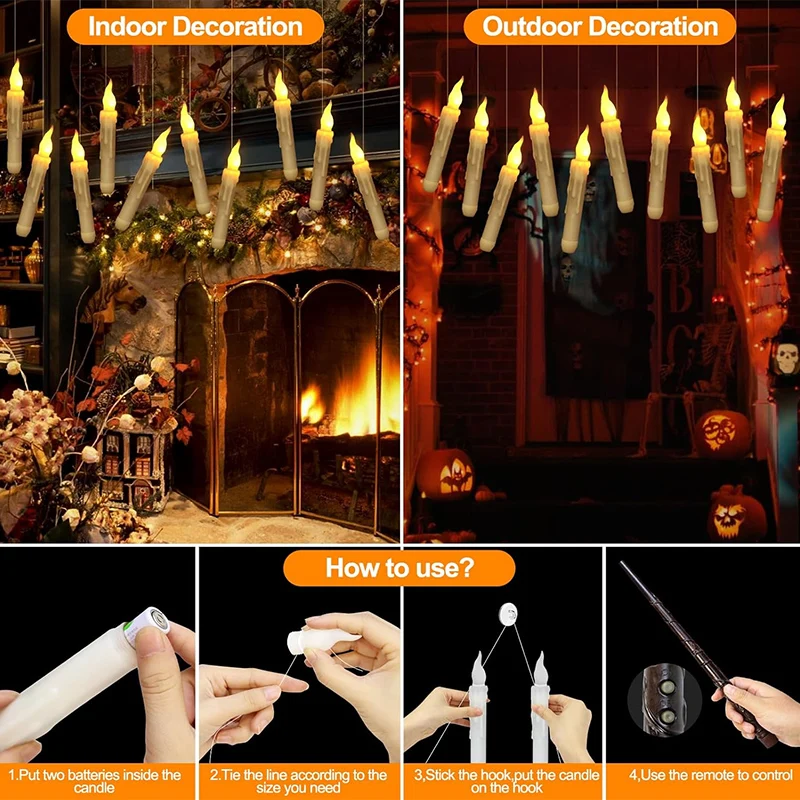 8-16pcs Floating LED Candles with Magic Wand Remote Flameless Flickering Warm Light Battery Operated Candle Birthday Halloween