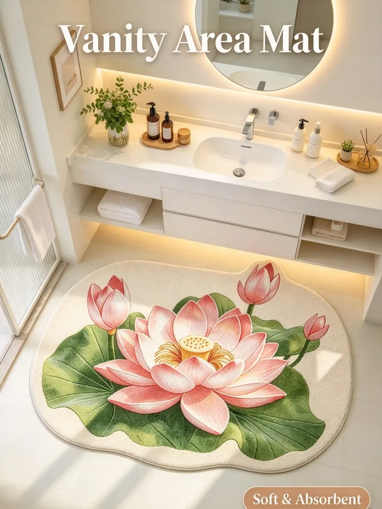 Lotus Flower Shaped Rug Pink Floral Green Leaf Soft Plush Non-Slip Floor Mat for Bedroom Door Bathroom Vanity Entryway Home Deco