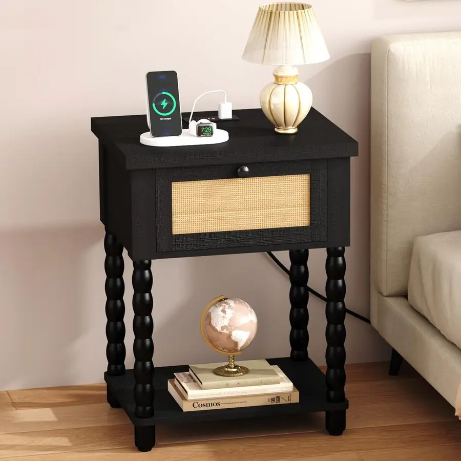 

Тумбочка из ротанга с зарядной станцией, прикроватная тумбочка 20 Вт с ножкой из массива дерева, ящиком и открытой полкой, прикроватная тумбочка в стиле бохо для кровати