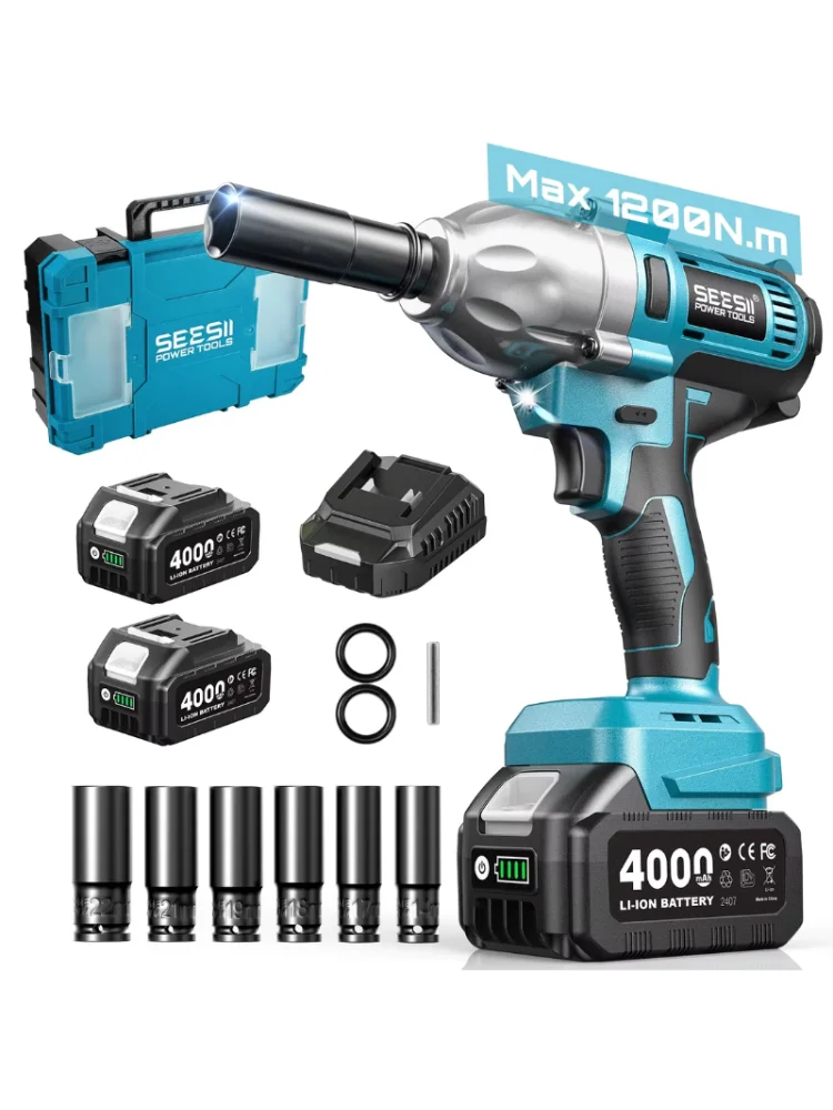 SEESII WH710 Pro 900Nm Akku-Schlagschrauber 1/2" Bürstenloser Elektrischer Schlagschrauber mit 4,0Ah Akku und LED-Licht für Auto und LKW