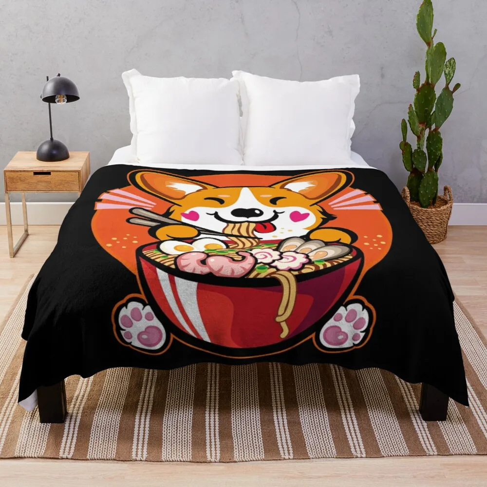 

Kawaii Welsh Corgi Ramen Otaku Throw Blanket Soft Bed Blankets