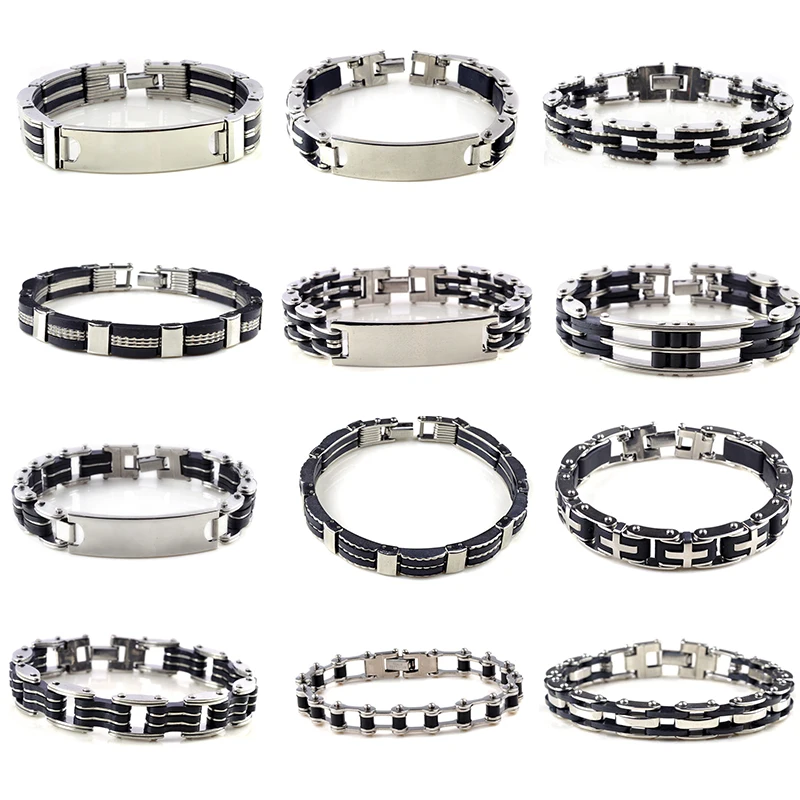 Men Stainless Steel Link Chain Bracelets & Bangles Men\'s Cuff Wristband Biker Motorcycle Black Silicone Bracelet