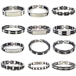 Men Stainless Steel Link Chain Bracelets & Bangles Men's Cuff Wristband Biker Motorcycle Black Silicone Bracelet