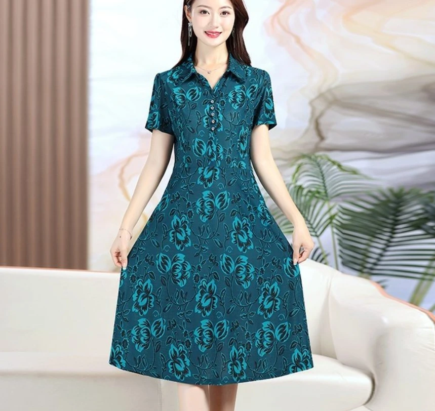 夏の女性の半袖ドレスミディアム丈スタイリッシュな中高年ママ痩身花柄スカート膝上