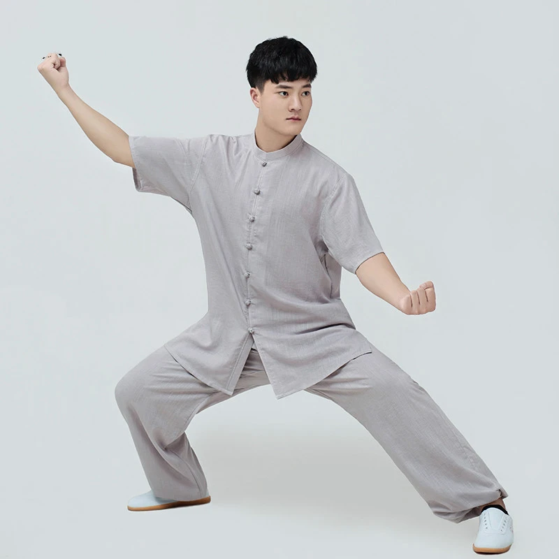 Summer Linen Cotton Kung Fu Suit Short Sleeves Martial Arts Costume Performance Taichi Clothing Morning Practice Uniform