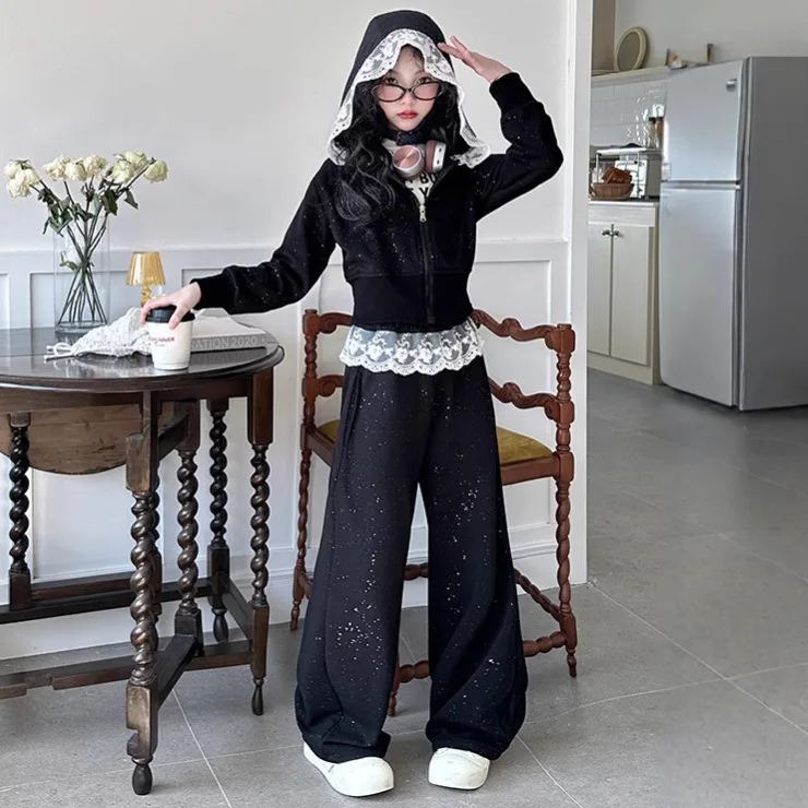 2026 Autumn Girls Clothes Children Suit Teenager Lace Zipped Jacket Narrow Hooded Crop Top + Wide Leg Pants 4 5 8 10 11 12 Year