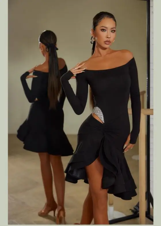 Vestido de baile latino para mujer, traje de Tango negro, Rumba, ChaCha, flecos, espalda recortada, rosa y negro, 23126