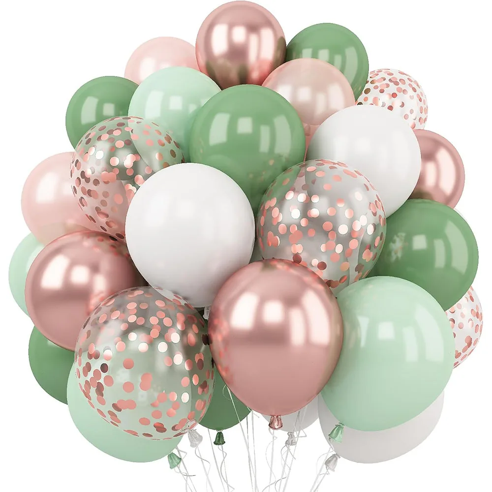 

35Pcs 12 Inch Retro Avocado Green Rose Gold White Confetti Balloons for Birthday Wedding Baby Shower Jungle Safari Party Decor