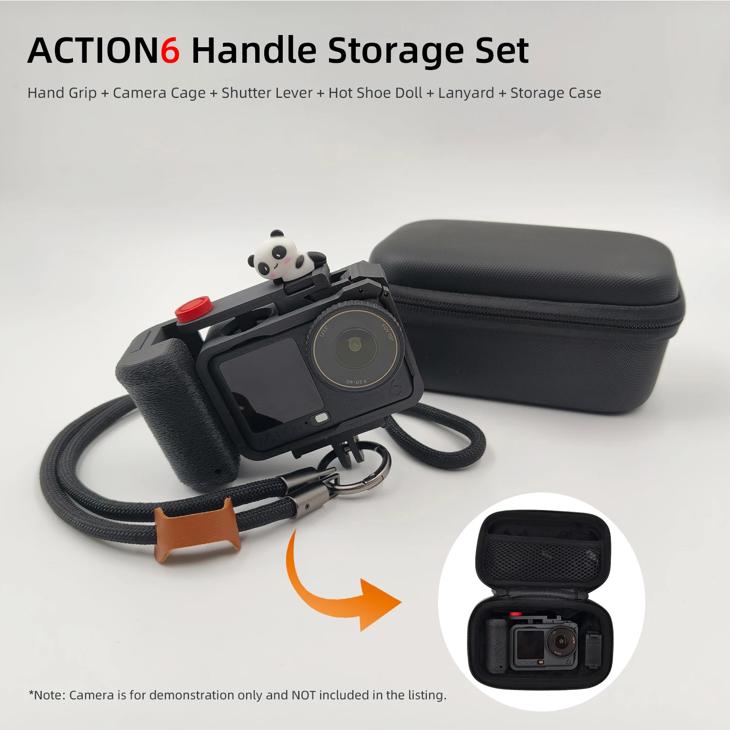 

For DJI Action 6 Camera Street Shooting Large Hand Grip Kit, Black Hot Shoe, Includes Cage, Lanyard & Storage Case