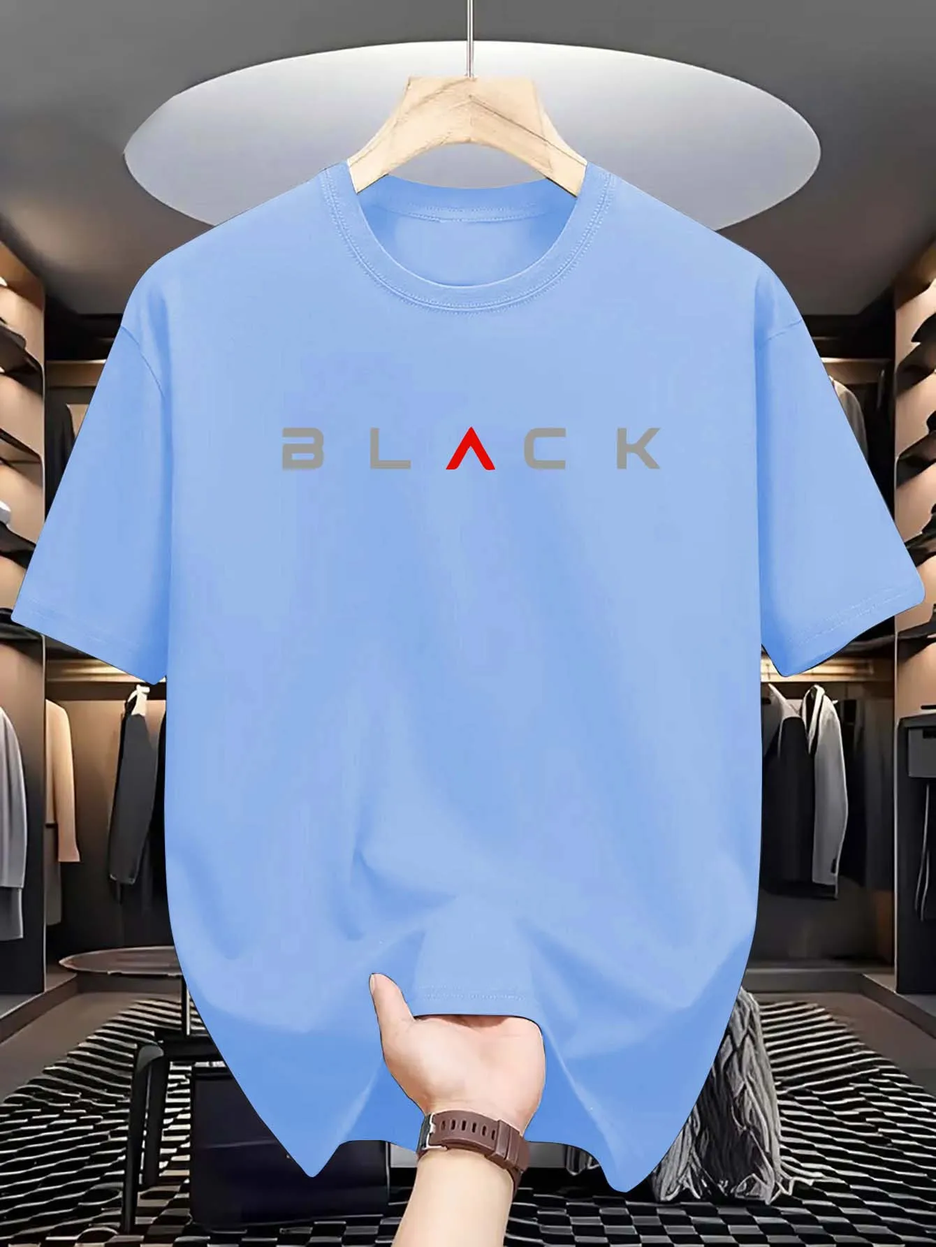 Summer men's 100% pure cotton casual loose fit plus size BLACK letter pattern printed round neck short sleeved T-shirt top image 5
