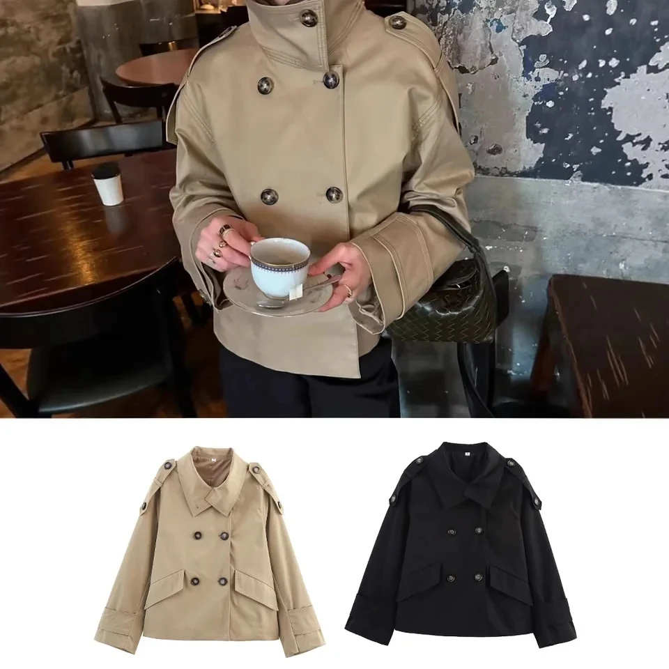 

2025 New Vintage Turn Down Collar Double Breasted Short Windbreaker Coat Women Loose Versatile Long Sleeve Multi Color Options​