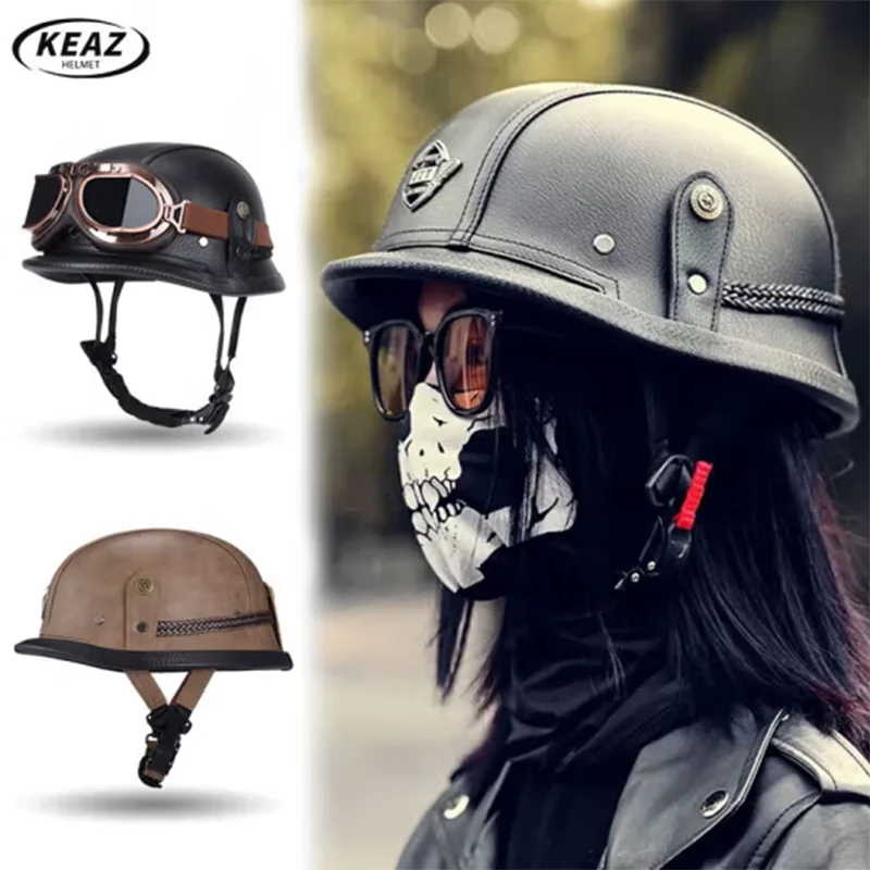 Classical German Style Leather Women and Men Half Face Motorcycle Helmets With Copper Googles Capacete De Moto Masculino DOT