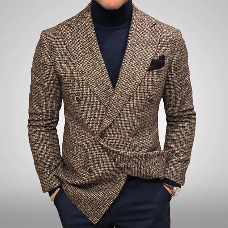 2024 Spring Autumn Men Blazers Slim Fit Plaid Suits Jackets Male Long Sleeve Double-breasted Outerwear Business Casual Coats