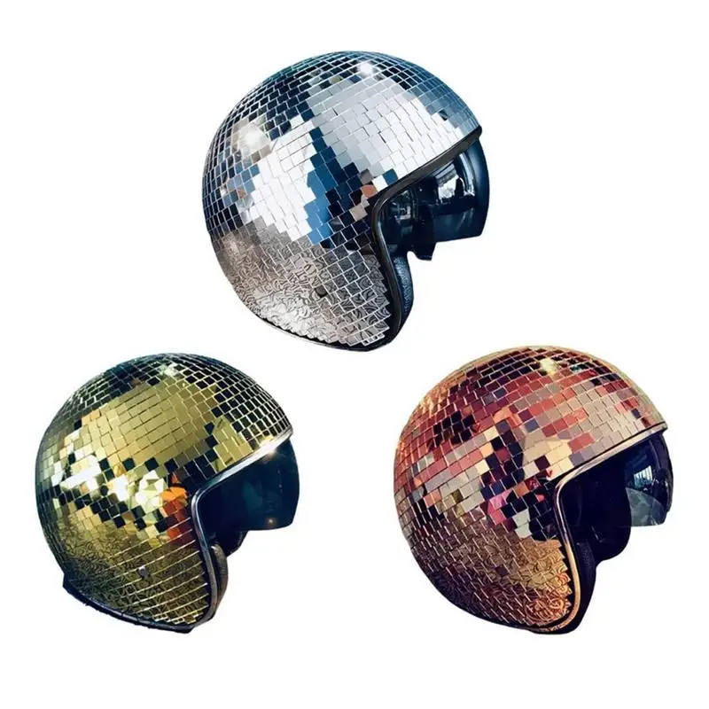 

Disco Ball Helmets Mirror Glitter Ball Helmets with Retractable Visor Reflective Motorcycle Helmets for Cowboy Party Decoration