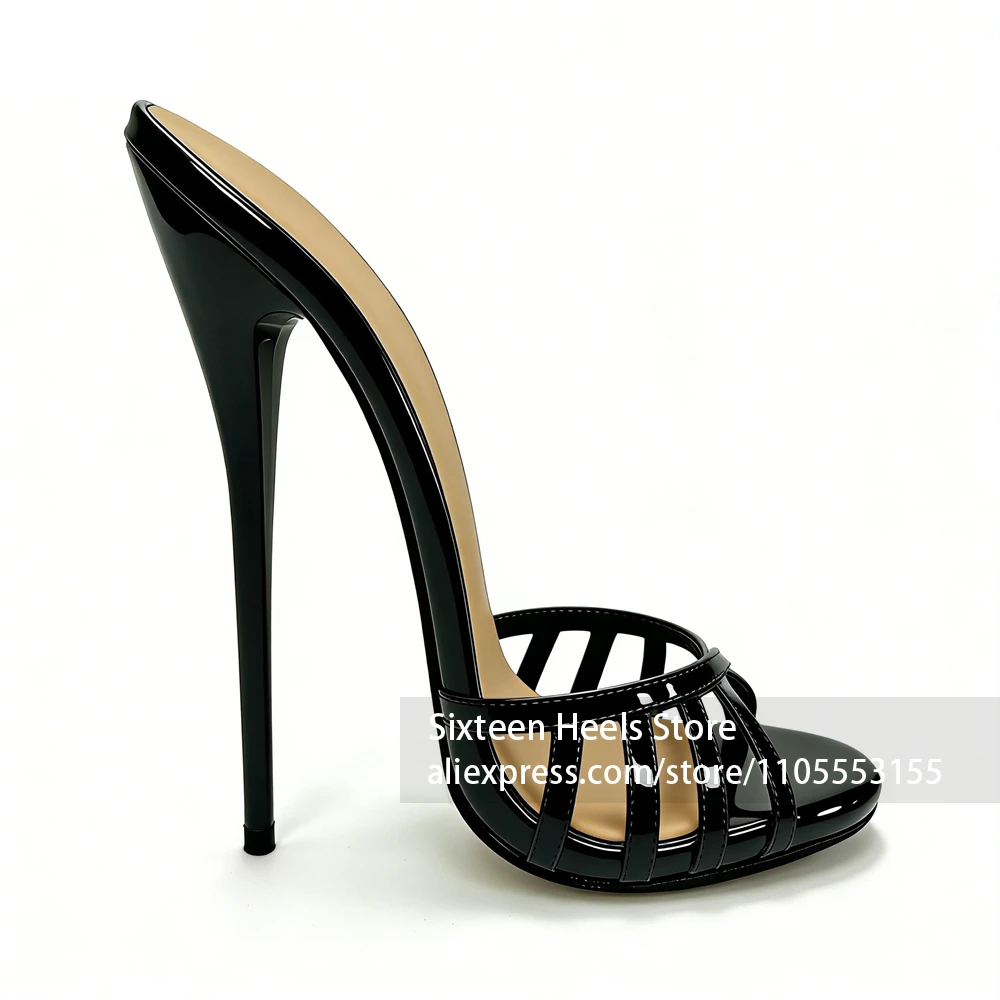 16cm Lacquered Heel Cage Slippers Sexy Style Peep Toe Mules Customizable Multicolor Handmade Footwear for Summer Slip on Heels 6
