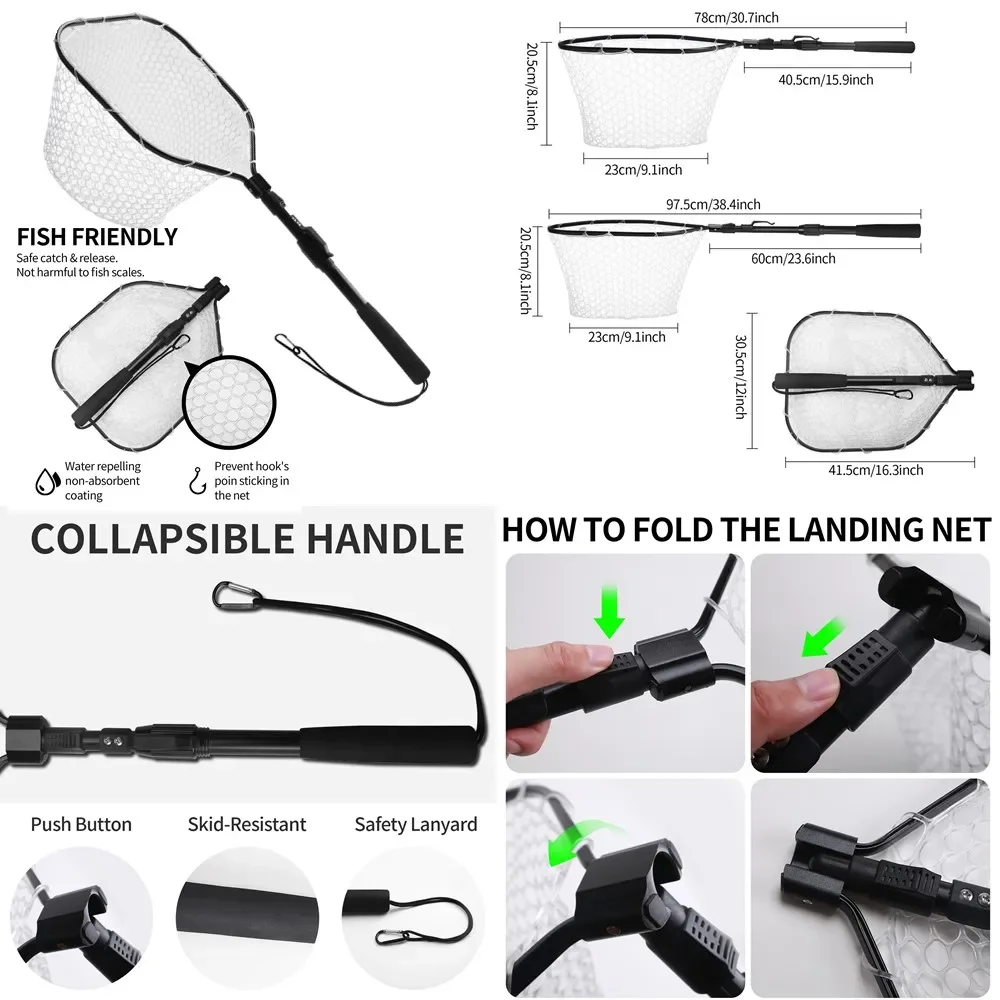 Fishing Net Fish Landing Net Collapsible Fish Net with Anti-Slip Telescoping Pole Handle for Kids Adults in Saltwater Freshwater