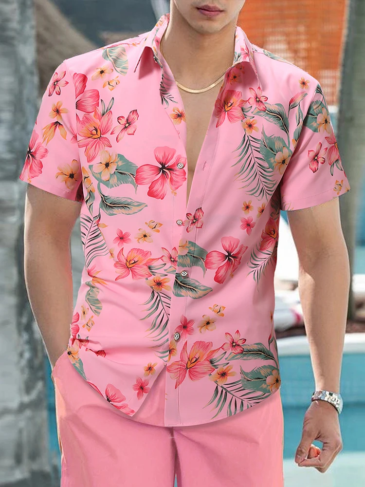 Men\'s Short Sleeved Pink Floral Button Up Shirts Casual Short Sleeve Button Down Shirt Beach Shirts Hawaiian Style Shirts