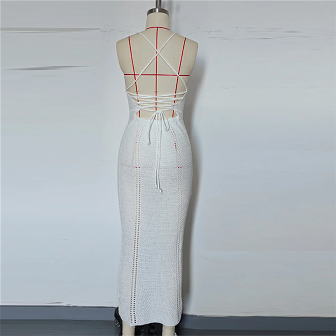 V-Ausschnitt, überkreuzter Rücken, ausgeschnittenes, gehäkeltes, gestricktes Tunika-Strandkleid, Strandkleid, Strandmode, Damen V7122 – Detail 5
