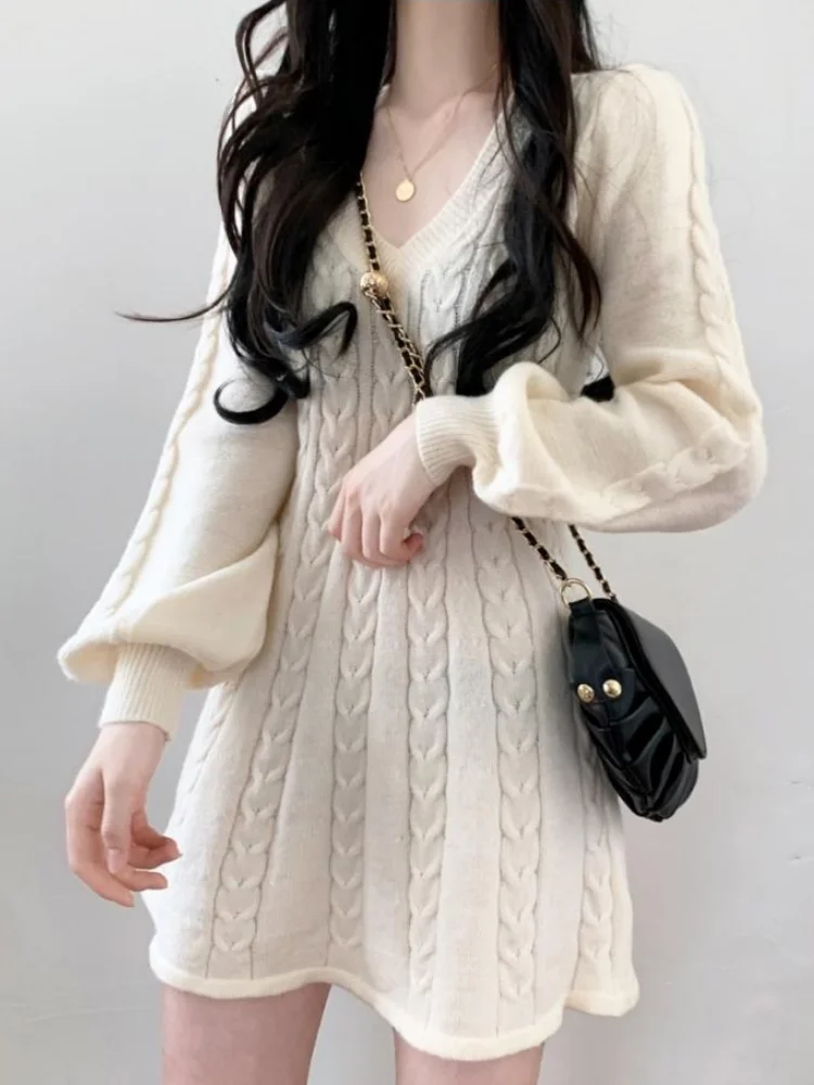 

Knitted Mini Dress Women Elegant Chic Short Dresses Female Vintage Fashion Long Sleeve Dress Lady Casual V-Neck Sweater Vestido