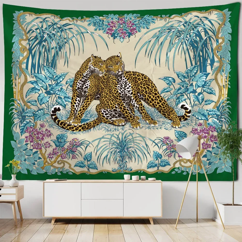 Retro Leopard Tiger Peacock Animal Fabric Mural Wall Hanging Tapestry Aesthetic Bedroom Home Background Decoration Poster