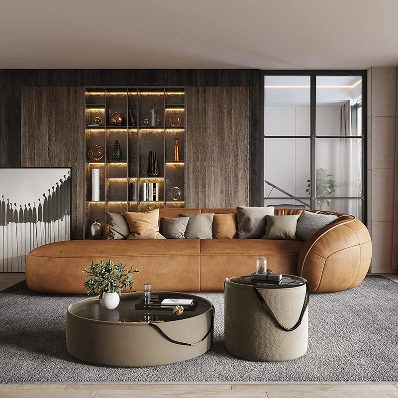 Ledersofa, italienische, minimalistische, leichte, luxuriöse kleine Wohnung, modernes, einfaches Wohnzimmer, gerade Reihe