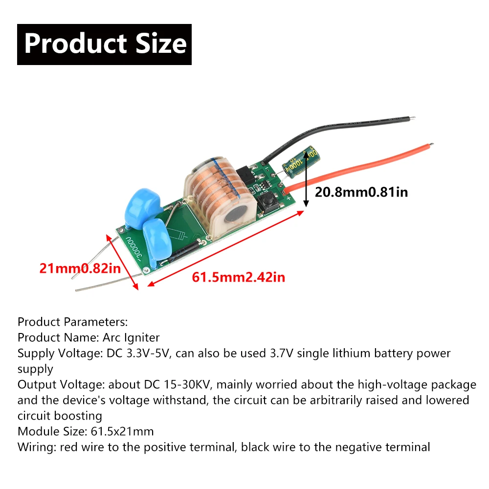 DC 3.3V-5V ~ DC 15-30KV 아크 점화기 고전압 모듈 무부하 고전력 고전압 부스터 모듈 고전압 코일