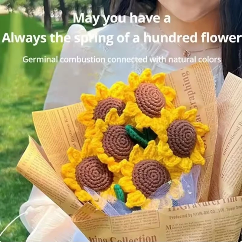 

3Pcs Sunflower Hand Woven Bouquet Creative Wool Knitting Flower Sunflower Decorations Teachers Day Mother S Day Birthday Gift