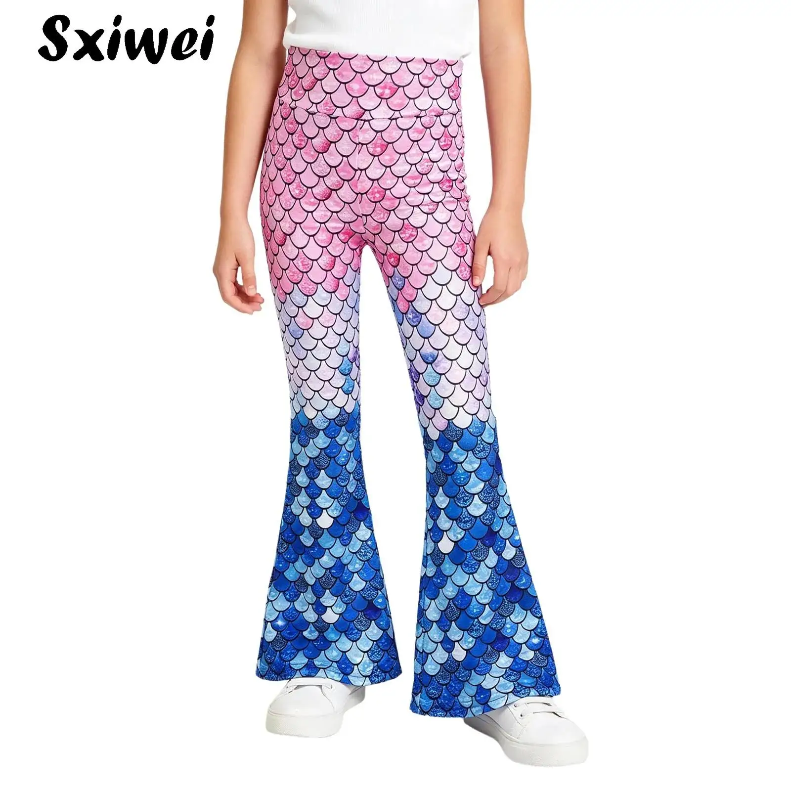 Fashion Girls Fish Scale Printed Trousers Child Mermaid Flared Pants High Elastic Waist Bell Bottom Pants Yoga Dance Leggings